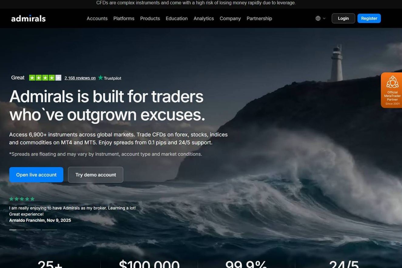 Screenshot of the Admirals website