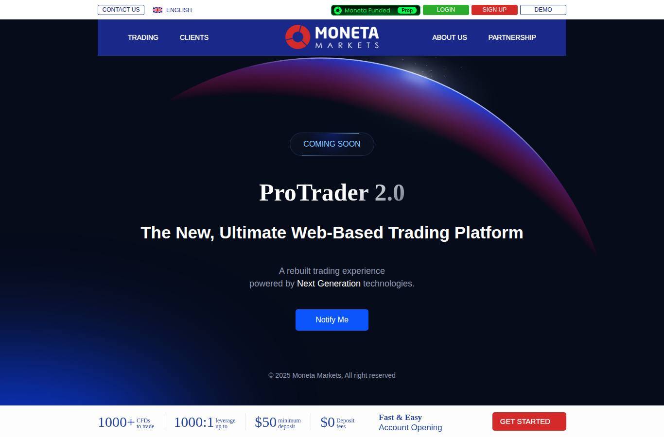 The platform page on the Moneta Markets website