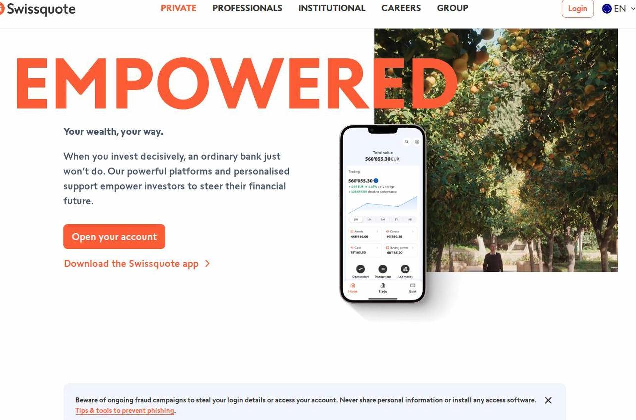The platform page on the Swissquote website