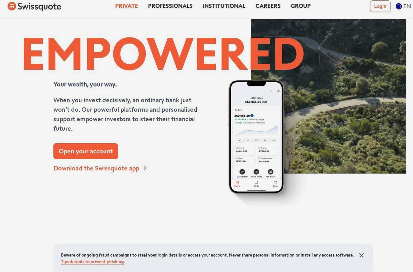 Screenshot of the Swissquote website