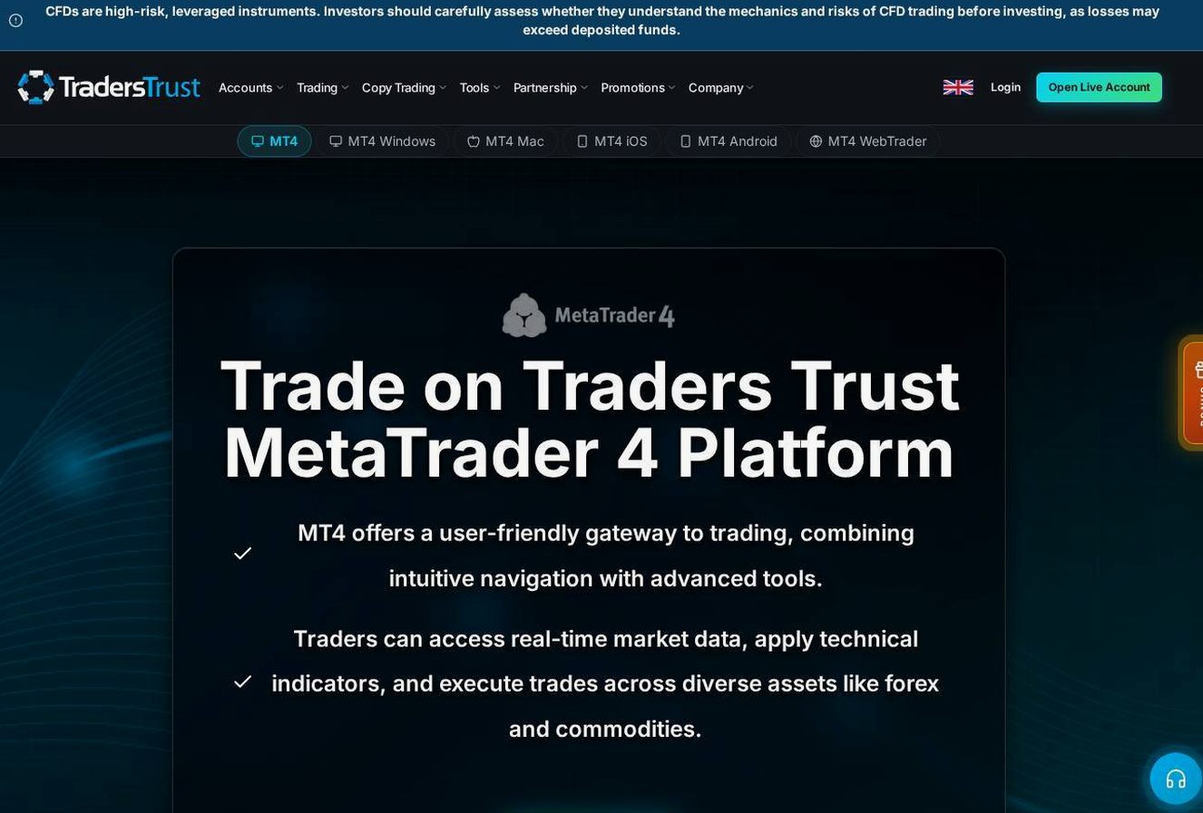 The platform page on the Traders Trust website