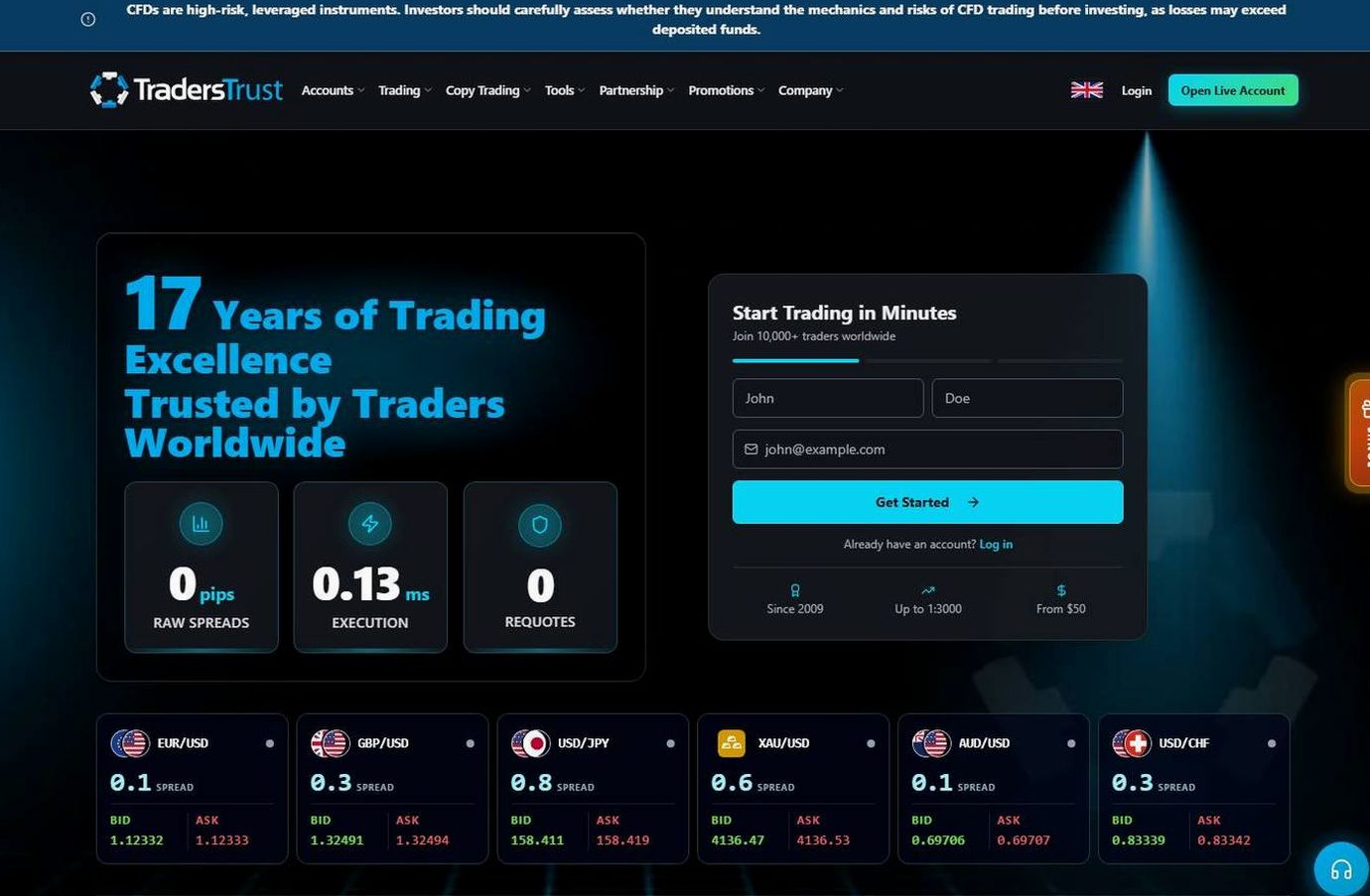 Screenshot of the Traders Trust website